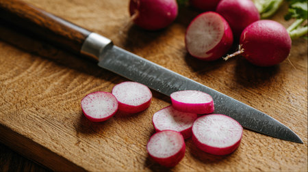 Freshly sliced radish arranged on a wooden cutting board with a knife positioned alongside, showcasing preparation for a healthy meal or garnish.の素材