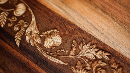 A beautifully crafted wooden cutting board showcases detailed veggie carvings, ideal for serving or gifting, placed in a cozy kitchen environment.の素材