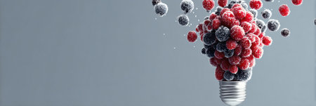 Light bulb overflowing with assorted berries symbolizes innovative ideas and creativity in a modern, simple setting with ample space on the right.の素材