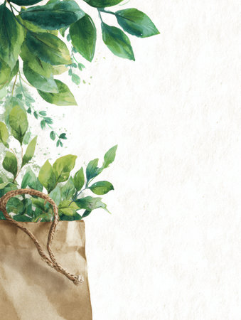 Leafy greens in watercolor style spill from a paper bag, creating a lively and fresh atmosphere.の素材