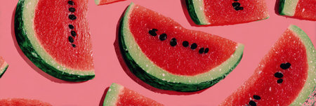 Juicy watermelon slices in a unique arrangement pop against a pink backdrop, evoking refreshing summer vibes.の素材