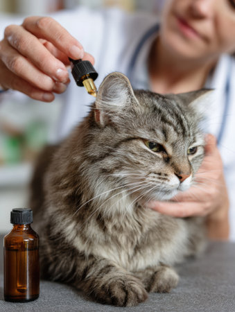 Veterinary technician carefully places flea medication on a cats neck while ensuring the pet is calm in a well-lit clinic.の素材