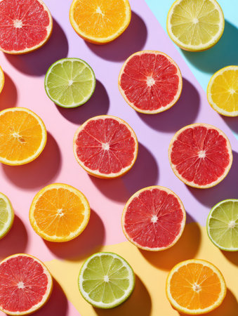 Colorful citrus fruits are artistically arranged in a geometric pattern, set against a soft pastel background offering a fresh and lively aesthetic.の素材