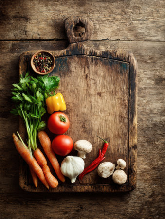 Fresh vegetables arranged on a wooden cutting board, showcasing colorful ingredients like tomatoes, peppers, and herbs for meal preparation in a rustic kitchen.の素材