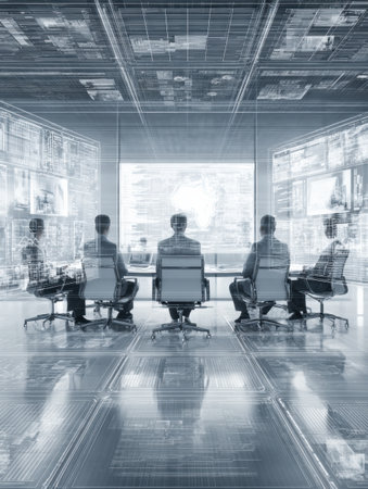 Business professionals connect in a virtual meeting using transparent screens in a modern office, fostering innovation and collaboration.の素材
