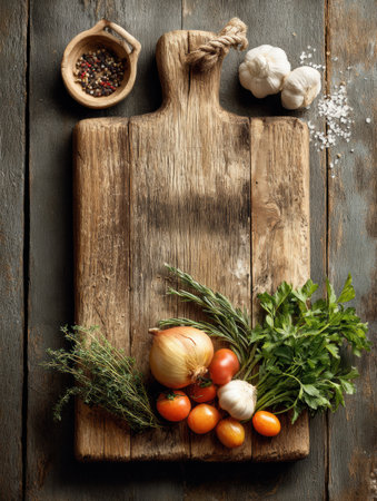 A rustic wooden cutting board showcases fresh vegetables and herbs in a warm kitchen atmosphere, ready for meal preparation and cooking activities.の素材