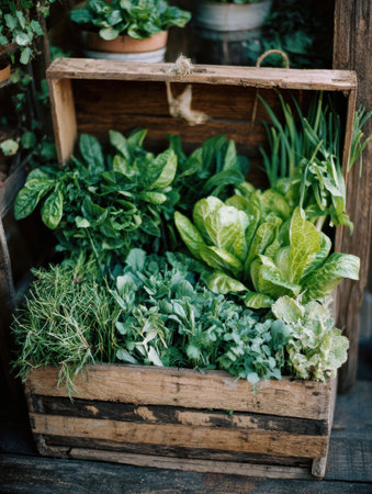 A rustic wooden crate showcases an array of vibrant organic greens, featuring an assortment of herbs and leafy vegetables in a charming environment.の素材