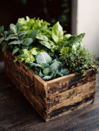 A rustic wooden crate brimming with vibrant organic greens showcases the beauty of natural produce, ideal for culinary enthusiasts preparing healthy meals.の素材