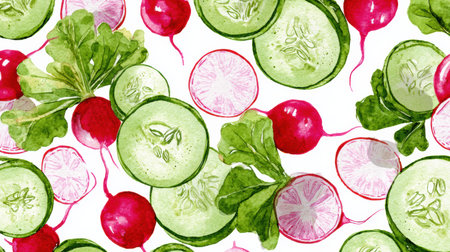 Fresh watercolor artwork shows vibrant sliced cucumbers and radishes surrounded by leafy greens, providing an ideal backdrop for personalized text above.の素材