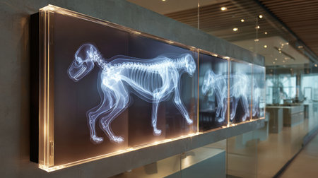 Illuminated X-ray board shows scans of animal skeletons clearly, designed with a modern aesthetic and featuring a transparent lower zone.の素材