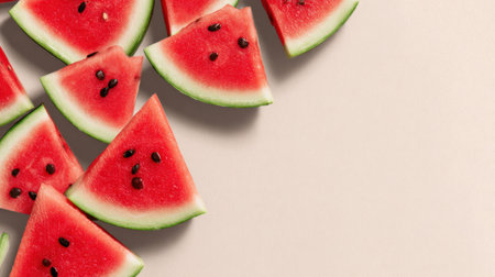 Bright watermelon slices are arranged in a geometric design on a light surface, with clear space on the right for extra content or creativity.の素材