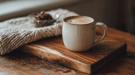 White ceramic coffee mug rests on a wooden tray beside a bowl of snacks, creating a warm and inviting setting perfect for morning relaxation.の素材