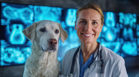 Veterinarian examines a dog while standing in front of a digital display showing animal health data in a modern veterinary clinic.の素材