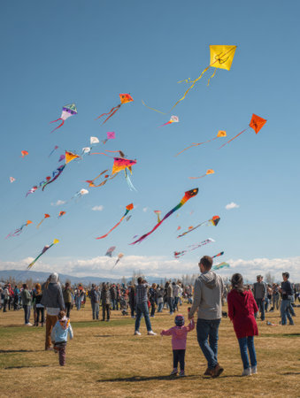 Diverse families enjoy a bright day outdoors, flying pride-themed kites together in an open field, celebrating unity and joy in the community.の素材