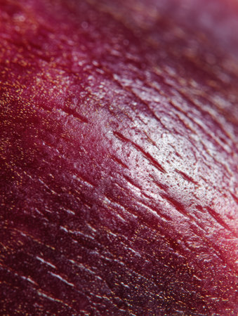 Close-up view reveals the intricate textures and colors of plum skin with striking details captivating the observer. Right margin remains clear and empty.の素材