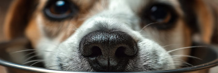 A close-up view of a dogs snout reaching for food in a bowl, with a softly blurred background creating an intimate atmosphere.の素材