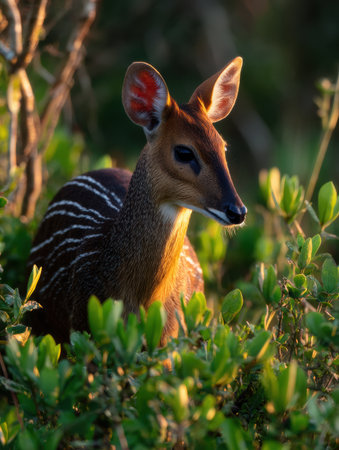 Curious zebra duiker peeks through vibrant green underbrush, illuminated by soft backlight, displaying its distinctive markings in a serene environment.の素材