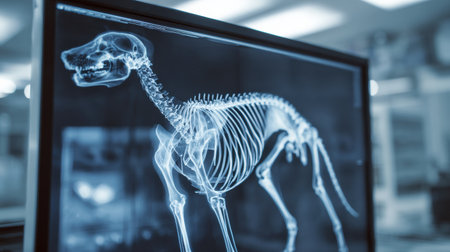 A clear view of a dogs skeleton is displayed on a screen in a veterinary clinic, showing casing diagnostic imaging techniques used for animal health assessments.の素材