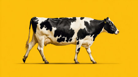 A cow walks gracefully from left to right, showing its black and white patterns against a vibrant yellow and cream backdrop, emphasizing its natural beauty.の素材