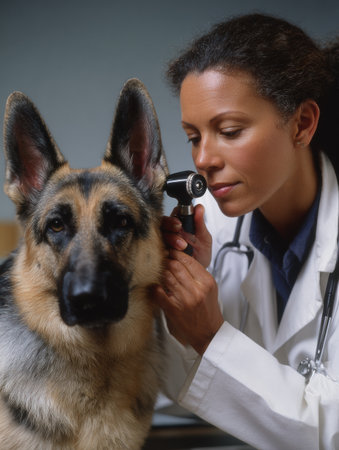 A veterinarian checks the ears of a German Shepherd using an otoscope while providing professional care in a clinic environment.の素材