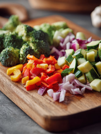 Freshly chopped broccoli, bell peppers, and zucchini arranged on a wooden cutting board, with a blurred background enhancing the focus on the veggies.の素材