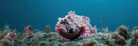 Warty frogfish blends into the coral reef, showing its unique textures and patterns in a tranquil underwater setting.の素材