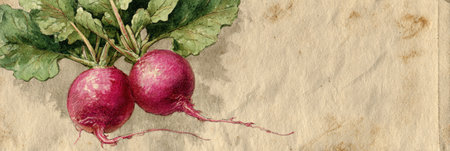 Brightly painted radishes rest on aged vintage paper, emphasizing their rich colors and organic shapes, highlighting artistry in food depiction.の素材