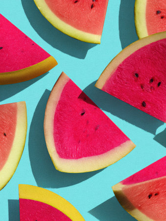 Colorful watermelon slices laid out in a striking layout to evoke a playful, abstract pop-art design. The turquoise backdrop enhances the vibrant hues of summer.の素材