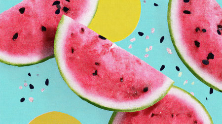 Bright watermelon slices create an abstract pop-art composition on a minimal backdrop, showing vibrant colors and playful shapes for an artistic feel.の素材