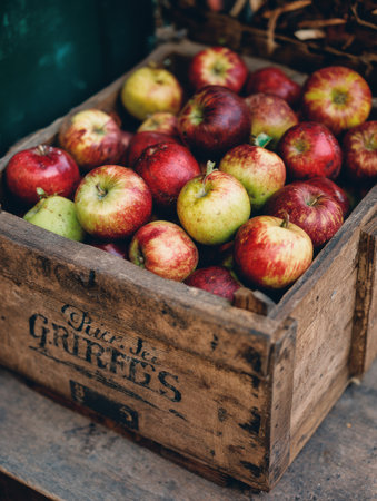 Freshly picked apples in a vintage crate exude rustic charm, featuring a hand-lettered label and an inviting appearance at a local market.の素材