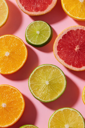 Bright citrus fruits like oranges, limes, and grapefruits are beautifully arranged on a soft pastel background, offering a fresh look.の素材
