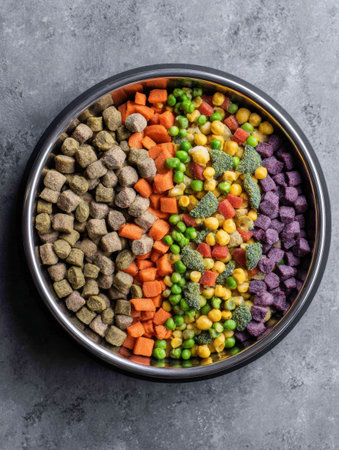 Brightly colored dog food featuring vegetables is arranged in a well-designed bowl, with one section left empty, showcasing a pet meal preparation scene.の素材