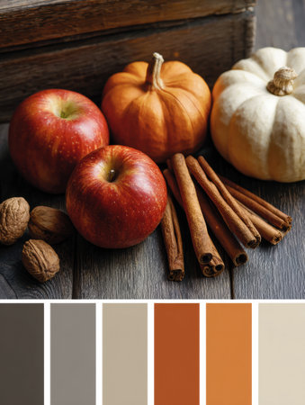 Seasonal display of fresh apples and pumpkins with cinnamon sticks on a rustic wooden surface, capturing the essence of autumn warmth and coziness.の素材