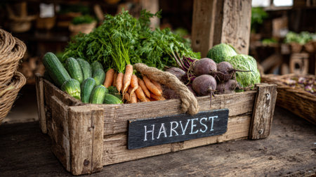 A wooden basket contains a variety of fresh vegetables with a harvest label, set in a rustic market environment showcasing seasonal produce.の素材