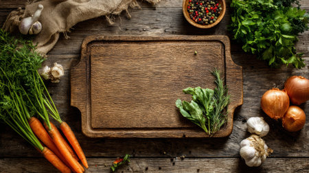 Fresh vegetables and herbs surround a wooden cutting board awaiting meal prep, enhancing a rustic kitchen vibe with earthy tones and natural textures.の素材