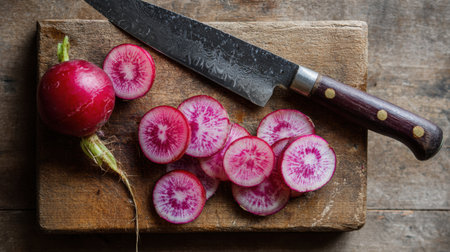 Freshly sliced radish arranged neatly on a rustic wooden surface, accompanied by a sharp knife ready for culinary use, showing vibrant colors and textures.の素材