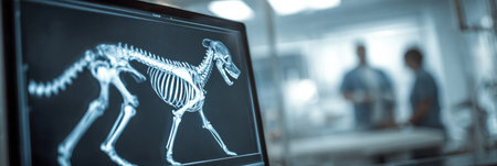 X-ray showing a detailed view of a dogs skeleton is displayed on a monitor in a veterinary clinic while staff members analyze the findings.の素材