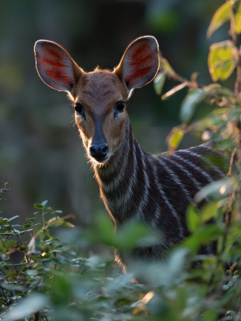 A zebra duiker gazes curiously from a patch of vibrant green underbrush, illuminated by soft backlight, showing its unique features and stripes.の素材