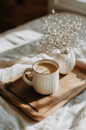 A white ceramic coffee mug filled with warm beverage rests on a wooden tray next to a vase of delicate flowers, creating a cozy morning atmosphere.の素材