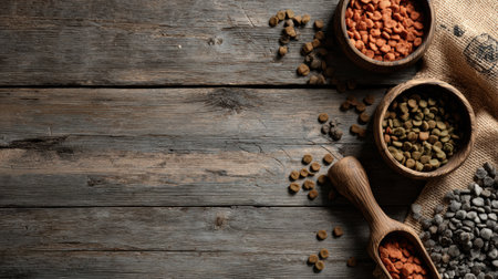 An organic dog food pack lays on a rustic wooden surface, accompanied by a scoop and colorful kibble scattered nearby, highlighting a natural pet care theme.の素材