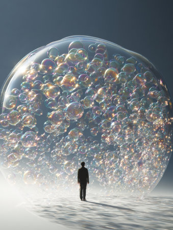 An individual experiences the formation of a protective bubble, surrounded by shimmering light and colorful reflections in a serene setting under clear skies.の素材
