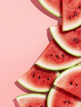 Colorful watermelon slices are beautifully arranged in a geometric layout against a soft pink backdrop, leaving clear space on the right for additional content.の素材