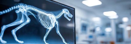 Dog skeleton X-ray is shown on a display in a veterinary clinic, highlighting the skeletal structure for examination and assessment by professionals.の素材