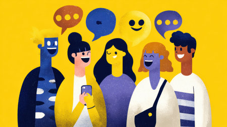 Group of young individuals joyfully communicating through emojis, showcasing bright colors and a playful atmosphere for self-expression in a social settingの素材