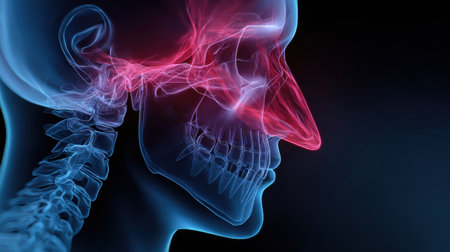 Detailed X-ray style illustration depicting inflamed sinuses, emphasizing anatomical features with striking color contrasts. Focus on sinus structures.の素材