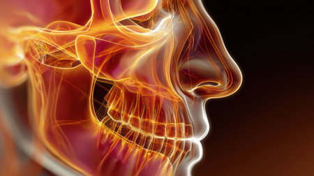 3D visualization of sinus inflammation highlights anatomy with warm colors for better understanding of the condition.の素材