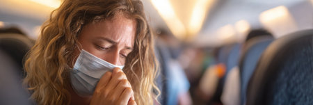 A person with curly hair wearing a mask coughs while seated in an airplane, showing concern or discomfort amid other passengers in the blurred background.の素材