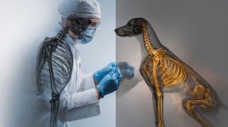 Vet showcases side-by-side comparison of human and dog anatomy highlighting skeletal structures, emphasizing veterinary education and animal care.の素材