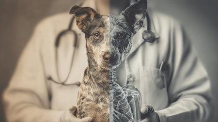Vet showcases human and dog anatomical similarities in a detailed side-by-side clinical comparison of key features.の素材