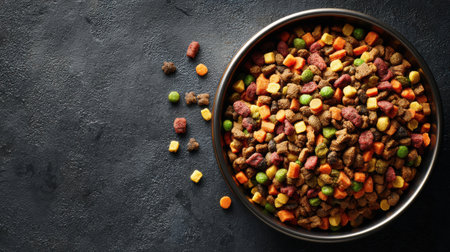 A modern bowl showcases a lively mix of dog food and assorted vegetables, leaving an inviting empty space ready for serving or adding more ingredients.の素材